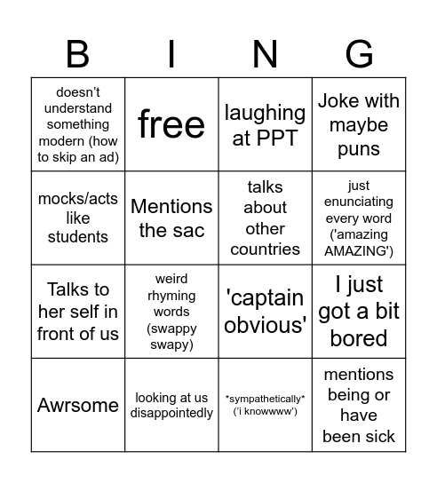 Ms Attley Bingo!!!! Bingo Card