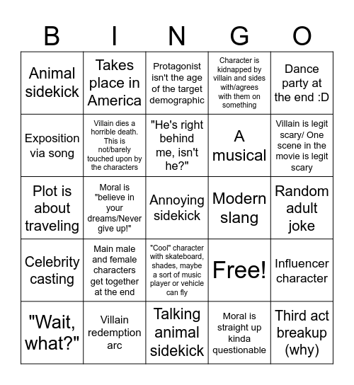 Animated Kids Movies Bingo Card