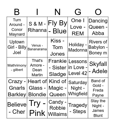 Fran & Whealo Music Bingo Game Salmons Sunday Night Bingo Card