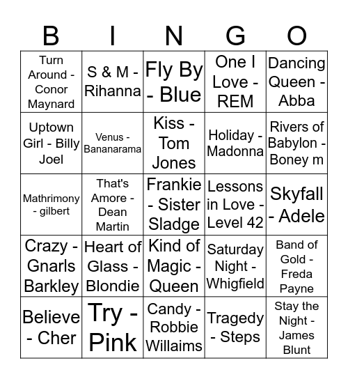 Fran & Whealo Music Bingo Game Salmons Sunday Night Bingo Card