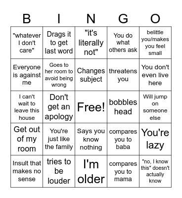 Noor when she's arguing for some reason Bingo Card