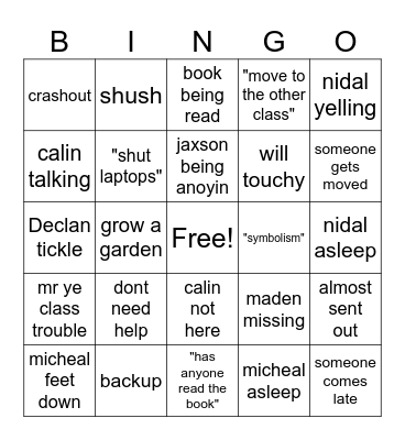 English class Bingo Card