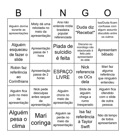 BINGO DE SLIDES MUITO #FODA!!!!111!!1!!! Bingo Card