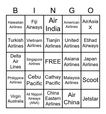 Sydney Planes Bingo Card