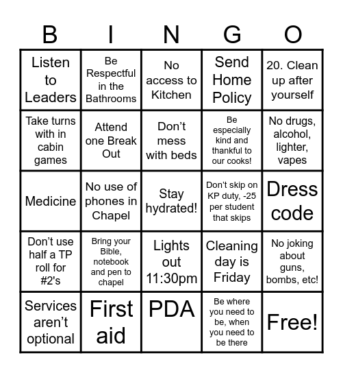 CSM Camp Bingo Card