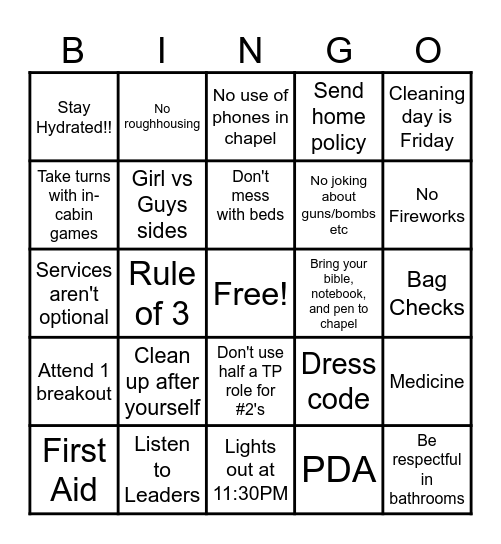 CSM Camp Rules Bingo Card