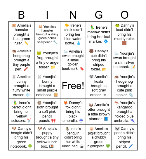 🦔 Amelia’s hedgehog brought a tiny purple pen. 🖍️ Bingo Card