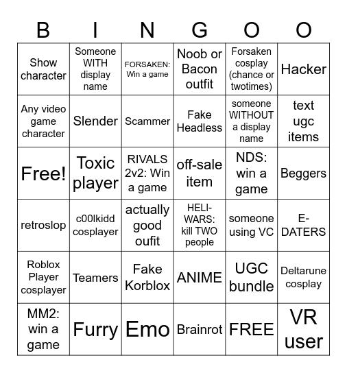 roblox players Bingo Card