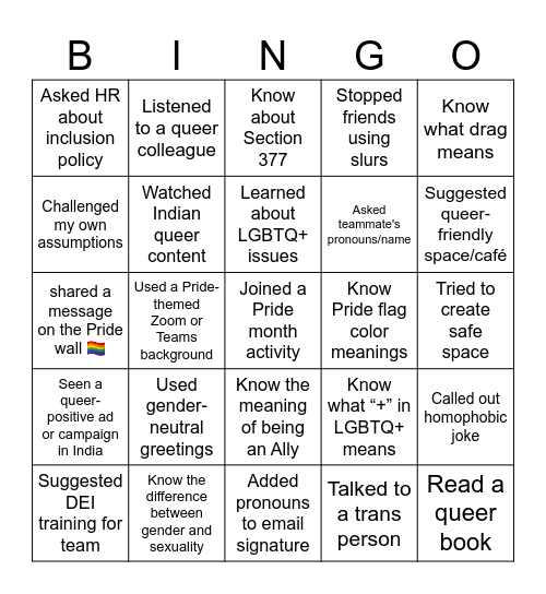 Pride Bingo Card