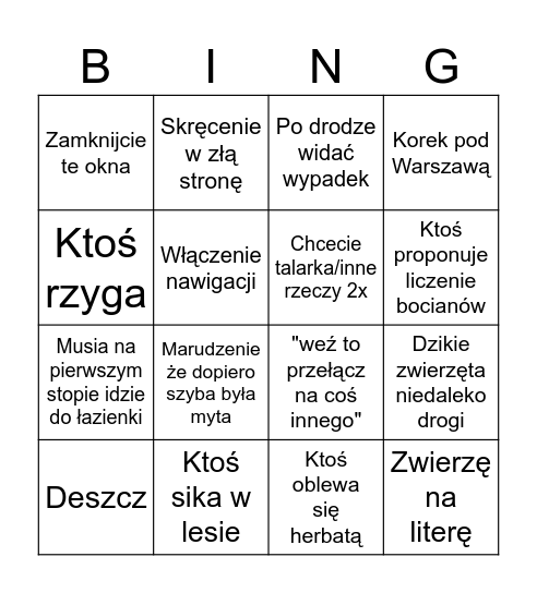 Bingo wyjazdowe Bingo Card