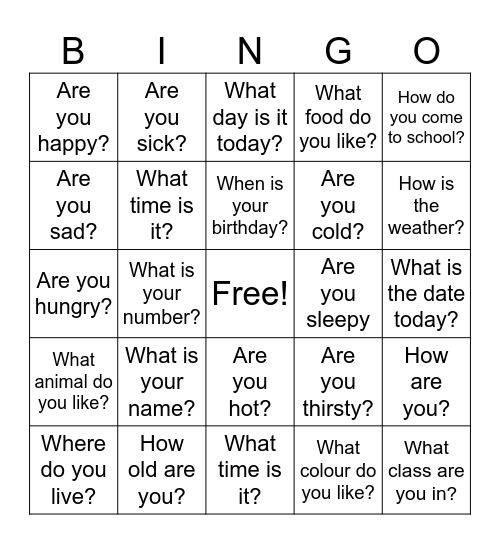 Question Bingo Card