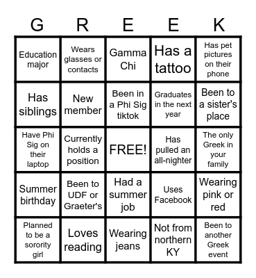 PHI SIGMA SIGMA SORORITY Bingo Card