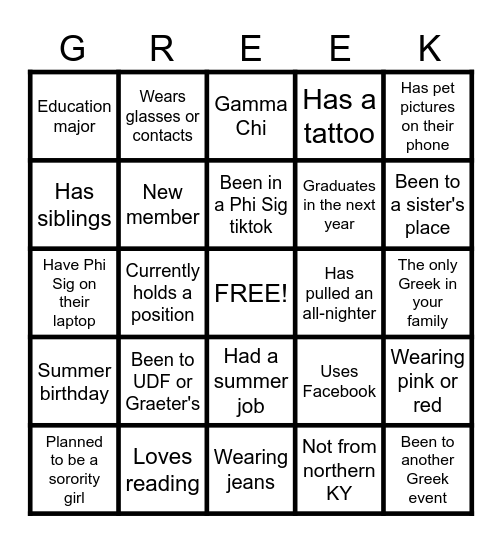 PHI SIGMA SIGMA SORORITY Bingo Card