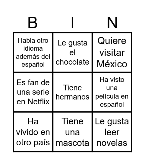 Spanish Icebreakers Bingo Card