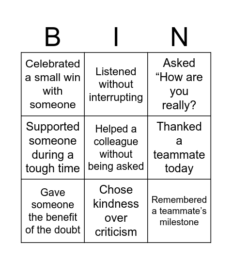 Empathy Bingo Card