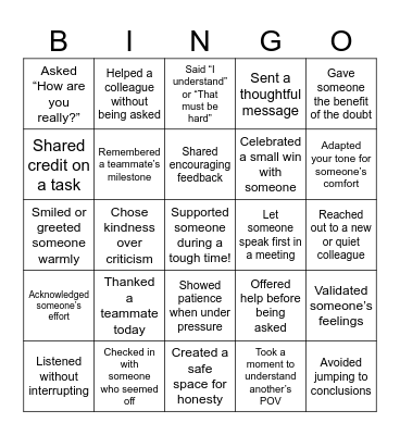 Empathy Bingo Card