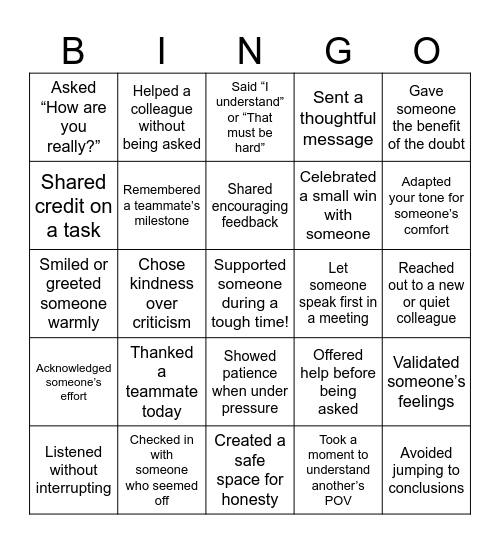 Empathy Bingo Card