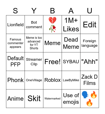 Youtube Shorts Bingo 12: This is Starting to Get Really Repetitive Bingo Card