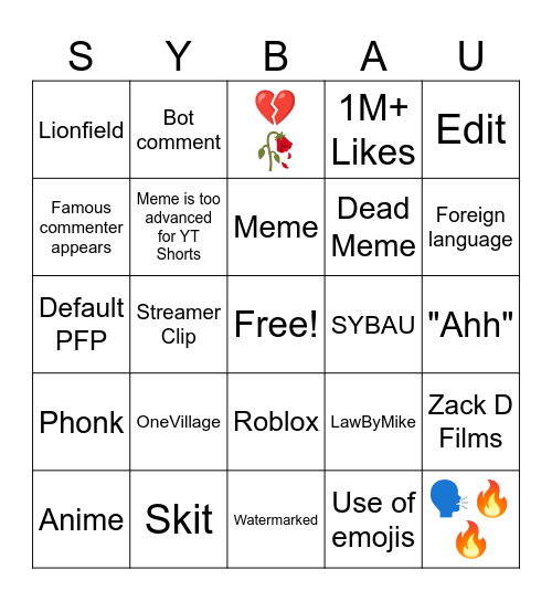 Youtube Shorts Bingo 12: This is Starting to Get Really Repetitive Bingo Card