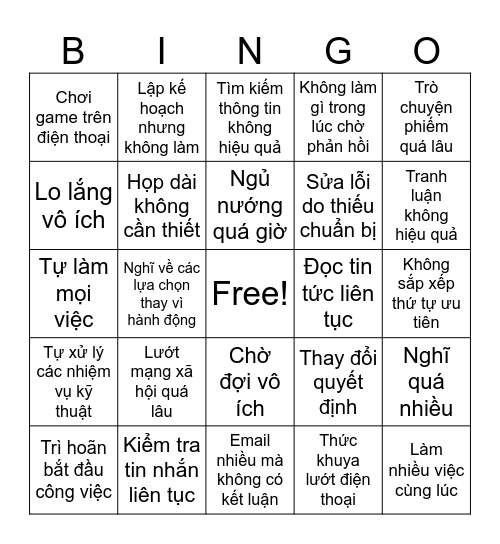 Time Management Bingo Card