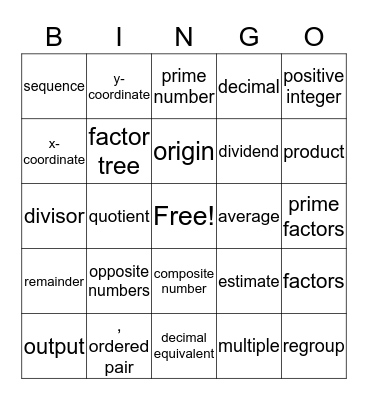 Math Terms Bingo Card