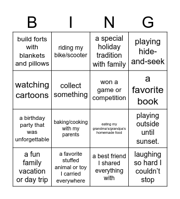 childhood bingo Card