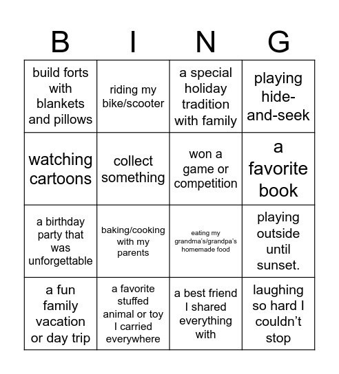 childhood bingo Card