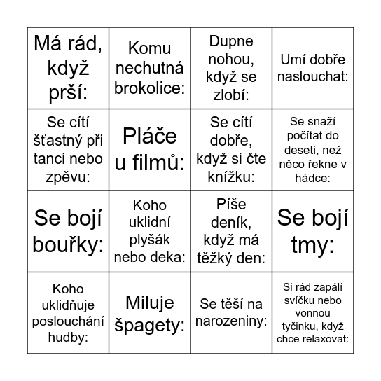 Najdi někoho, kdo: Bingo Card