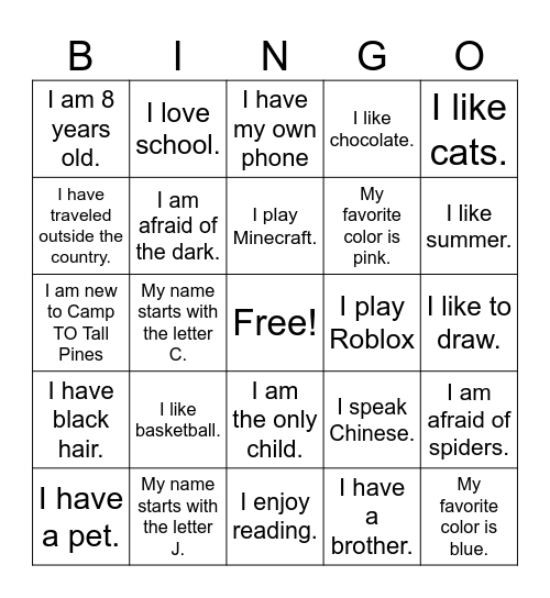Name Bingo Card