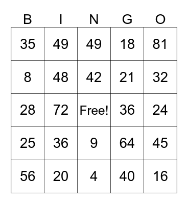 Multiplication Bingo Card