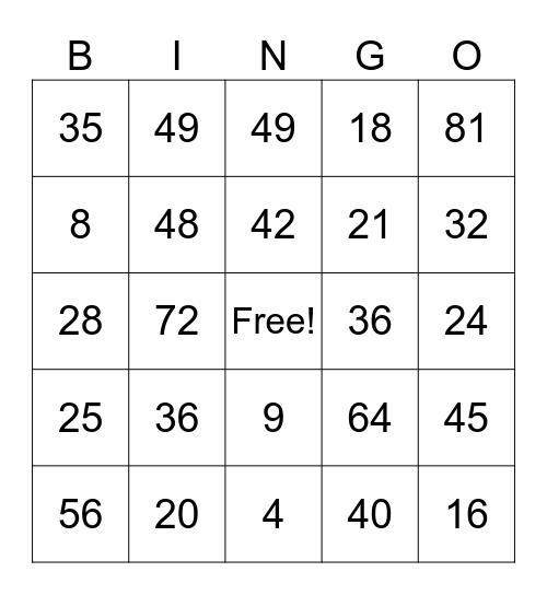 Multiplication Bingo Card