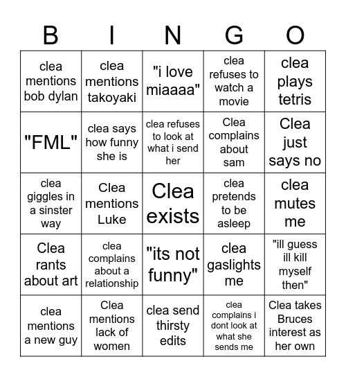 Clingo! Bingo Card