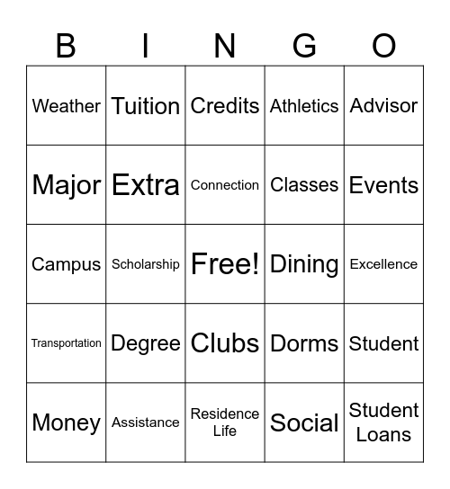 Campus Tour Bingo Card