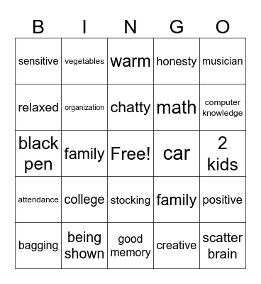 Positive Personality Profile Bingo Card