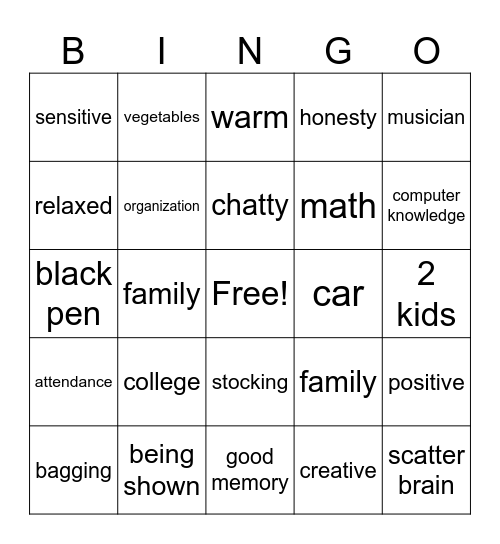 Positive Personality Profile Bingo Card