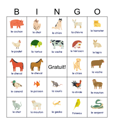 Les animaux Bingo Card