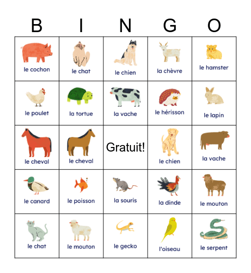 Les animaux Bingo Card