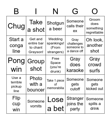 Bachelor Party Bingo Card