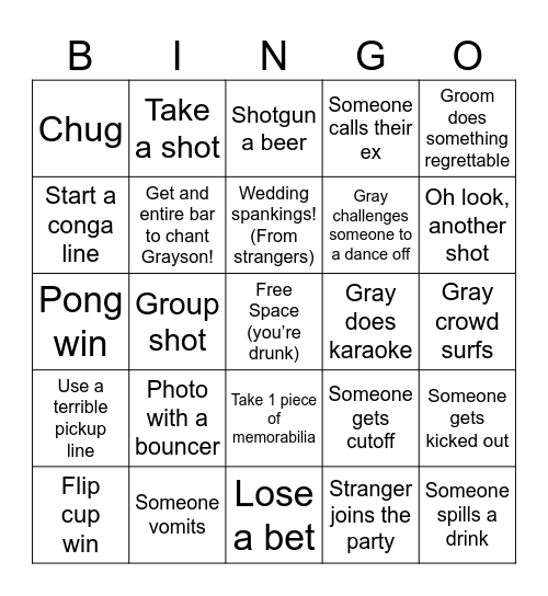 Bachelor Party Bingo Card