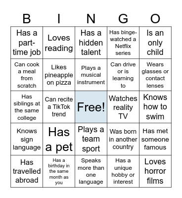 Getting to Know You Bingo Card