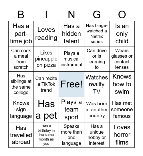 Getting to Know You Bingo Card
