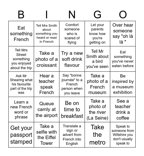 Paris 2025 Bingo Card