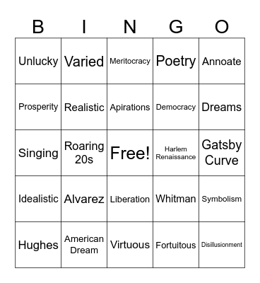 American Dream Vocabulary Bingo Card