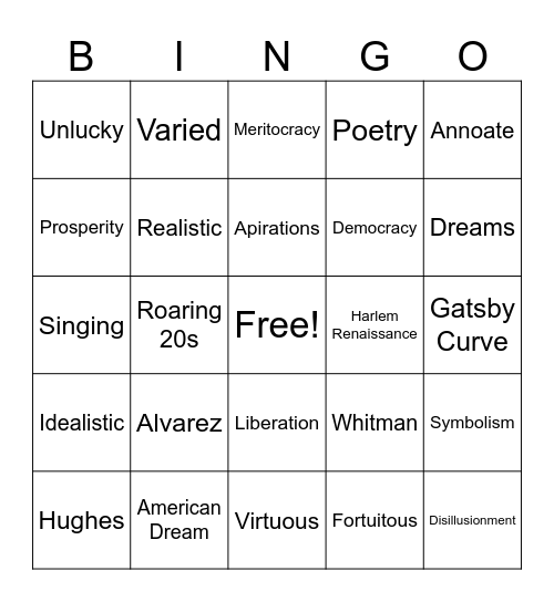 American Dream Vocabulary Bingo Card