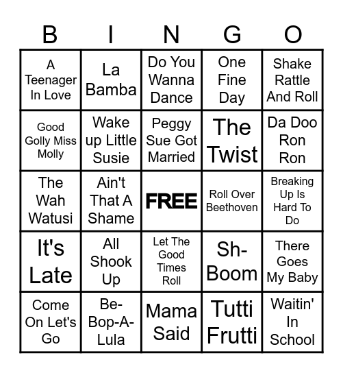 STG 1950s ROCK & ROLL Bingo Card