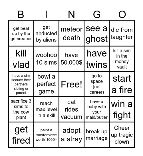 Sims 4 Bingo Card