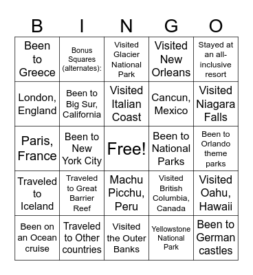 Vacation Bingo Card