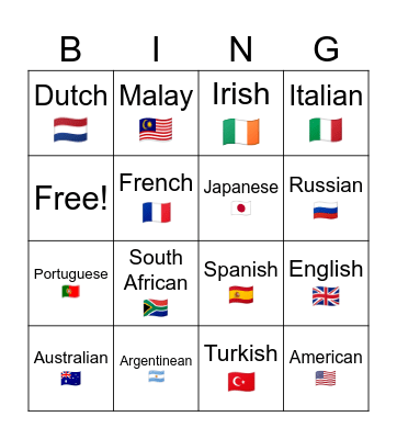 Nationalities Bingo Card