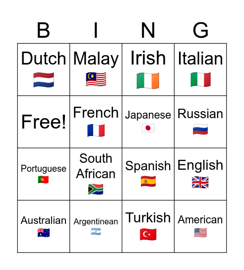 Nationalities Bingo Card
