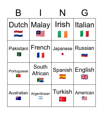 Nationalities Bingo Card
